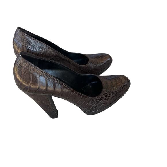 Gucci Leather Crocodile Embossed Thick Heel Pumps Cocoa Timeless Classic 8.5 - Picture 4 of 14